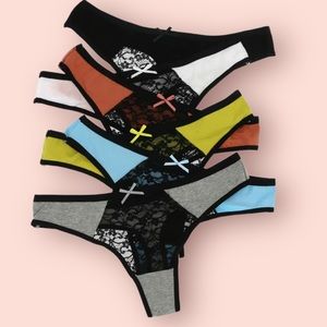 6 Pack Colorful Lace Thongs, Semi-Sheer Lace Crotch Cotton Thongs. Sexy & Soft.